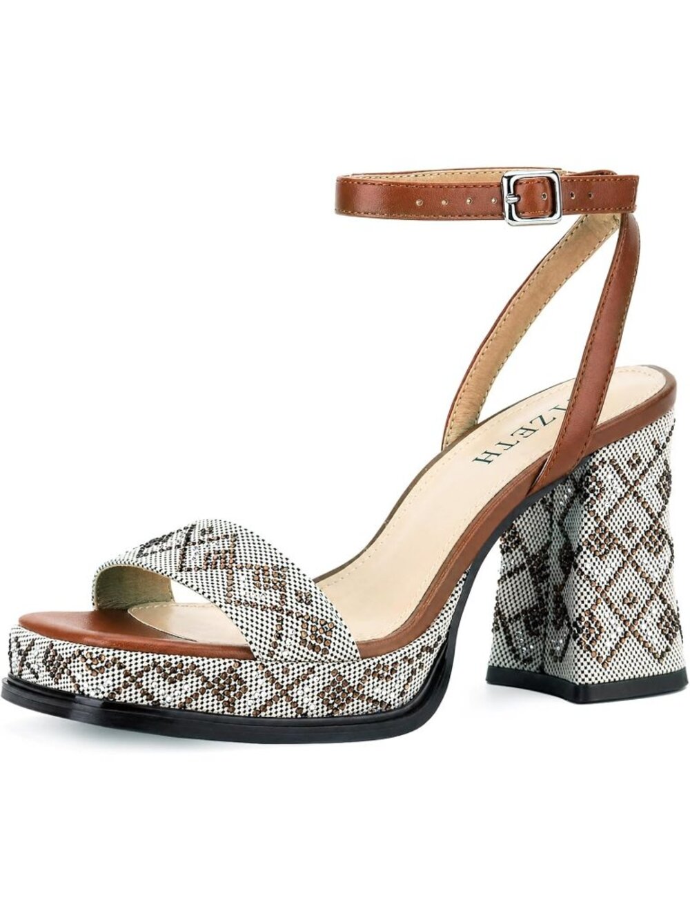 Women's Brown Square Open Toe Chunky Block Heel Comfort Ankle Straps Sandals